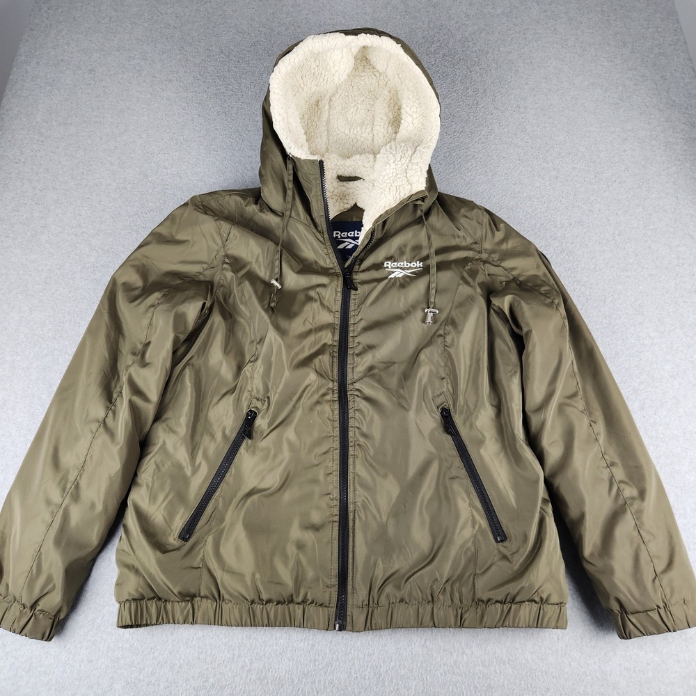 Reebok Windbreaker Jacket Womens Large Olive Green‎ Sherpa Lined Hooded RN127805